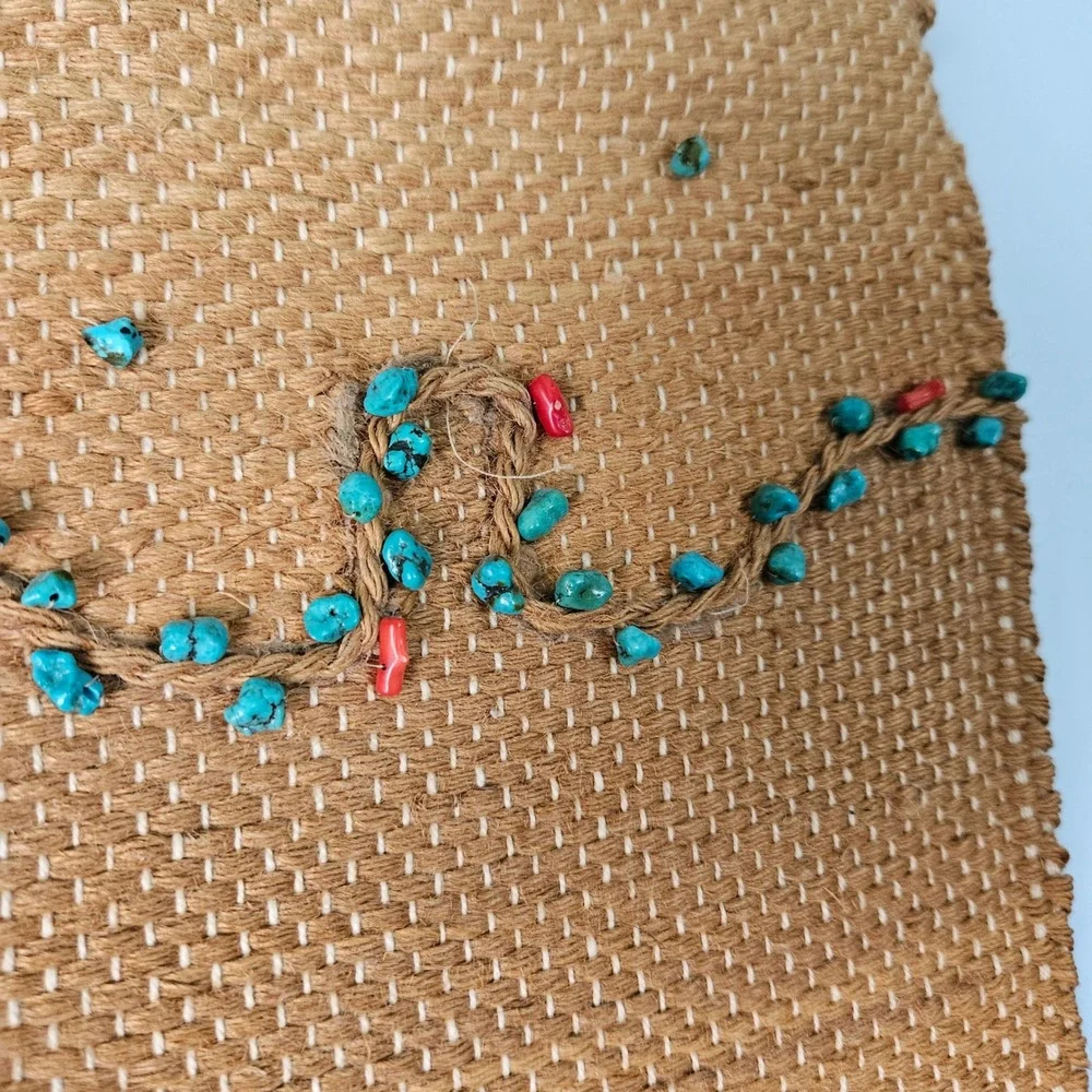 Vintage 1986 ICA Woven Jute Wall Hanging Saguaro Cactus Turquoise Beads Art 80s